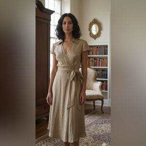 Vintage Elegant Tan/gold  Wrap Dress  waist tie with belt loops size 12